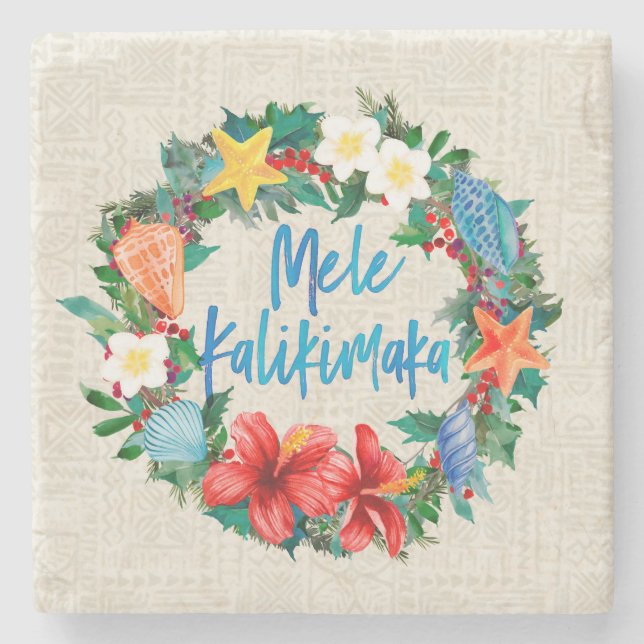Mele Kalikimaka Hawaiian Christmas Wreath Stone Coaster (Front)