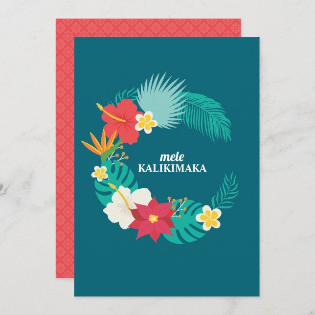 Mele Kalikimaka Hawaiian Floral Wreath Flat Card (Front/Back)
