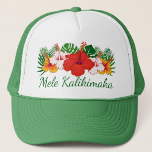 Mele Kalikimaka Hawaiian Flowers Leaves Holiday Trucker Hat