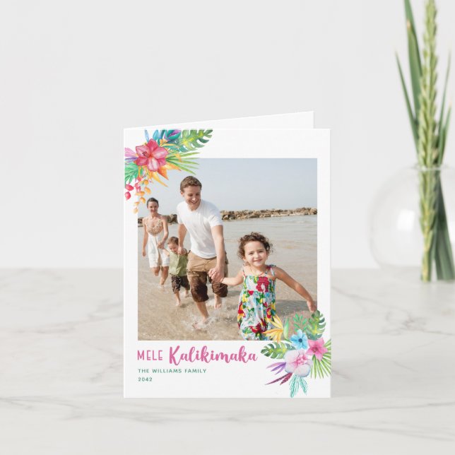 Mele Kalikimaka Hawaiian Flowers Photo  Holiday Card (Front)