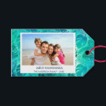 MELE KALIKIMAKA HAWAIIAN TROPICAL BEACH PHOTO GIFT TAGS<br><div class="desc">Blue and Green Turquoise incandescent Faux Foil MELE KALIKIMAKA - Merry Christmas Hawaiian Tropical Palm Leaf Family Photo Christmas Holiday Gift Tag. The picture and family name can be replaced on this simple beach or coastal vacation Christmas Family Photo Gift Tag.</div>