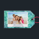 MELE KALIKIMAKA HAWAIIAN TROPICAL BEACH PHOTO GIFT TAGS<br><div class="desc">Blue and Green Turquoise incandescent Faux Foil MELE KALIKIMAKA - Merry Christmas Hawaiian Tropical Palm Leaf Family Photo Christmas Holiday Gift Tag. The picture and family name can be replaced on this simple beach or coastal vacation Christmas Family Photo Gift Tag.</div>
