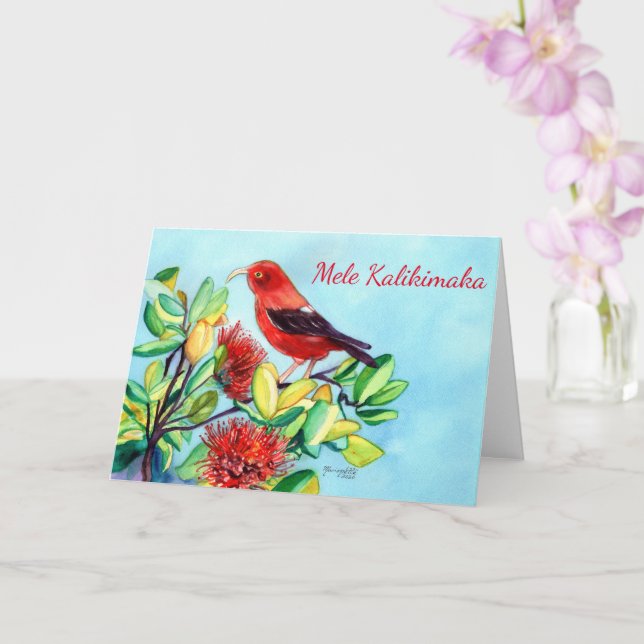 Mele Kalikimaka Iiwi Bird and Ohia Lehua Flower Card (Orchid)