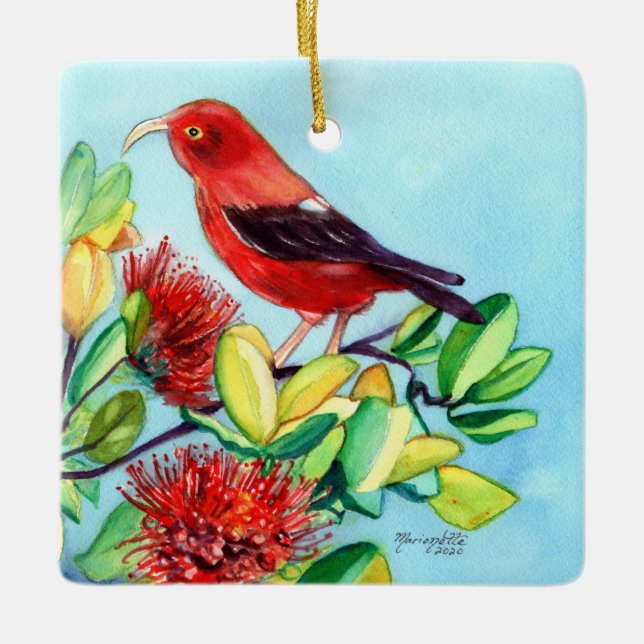 Mele Kalikimaka Iiwi Bird and Ohia Lehua Flower Ceramic Ornament (Front)