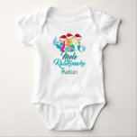 Mele Kalikimaka Mermaid Cute Beach Christmas Baby Bodysuit<br><div class="desc">Mele Kalikimaka Mermaid Custom Baby Bodysuit. A cute Hawaiian Merry Christmas design featuring 3 pretty mermaids wearing Santa hats and green bikinis above the ocean blue print. A beautiful beach themed holiday gift for a girl who loves Hawaii.</div>
