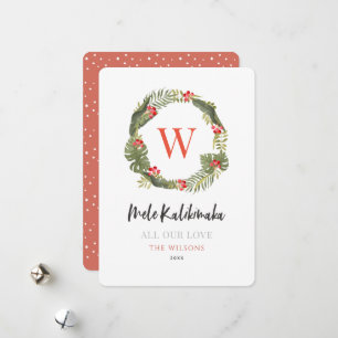 Mele Kalikimaka Monogram Tropical Wreath Holiday Card