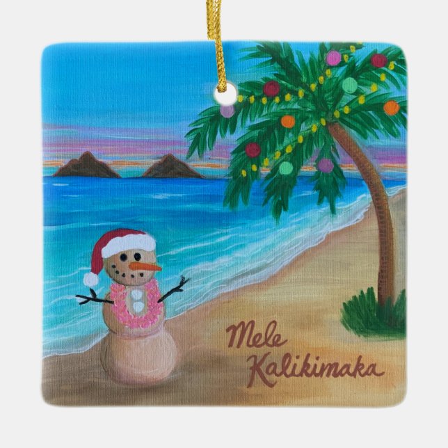 Mele Kalikimaka ornament, Hawaiian Holiday Sandman Ceramic Ornament (Front)