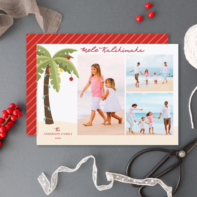Mele Kalikimaka Palm Tree 3 Photo Christmas Holiday Card (Creator Uploaded)