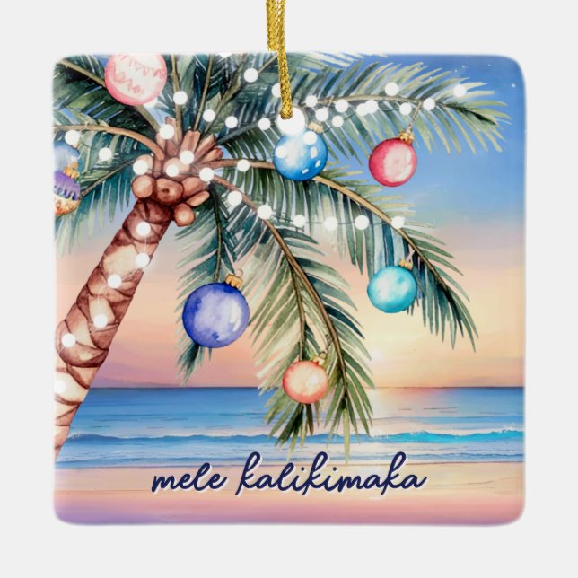 Mele Kalikimaka Palm Tree Tropical Christmas Ceramic Ornament (Front)