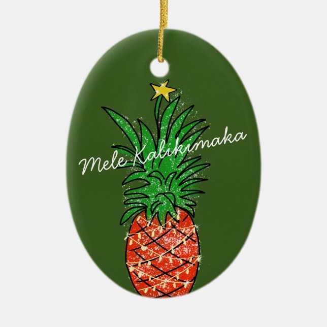 Mele Kalikimaka Pineapple Hawaii Christmas Tree Ceramic Ornament (Front)