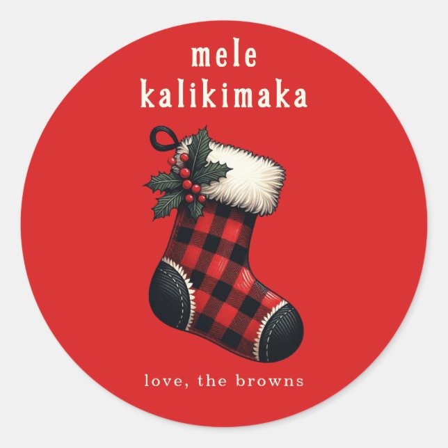 Mele Kalikimaka Red & Black Plaid Stocking Holiday Classic Round Sticker (Front)