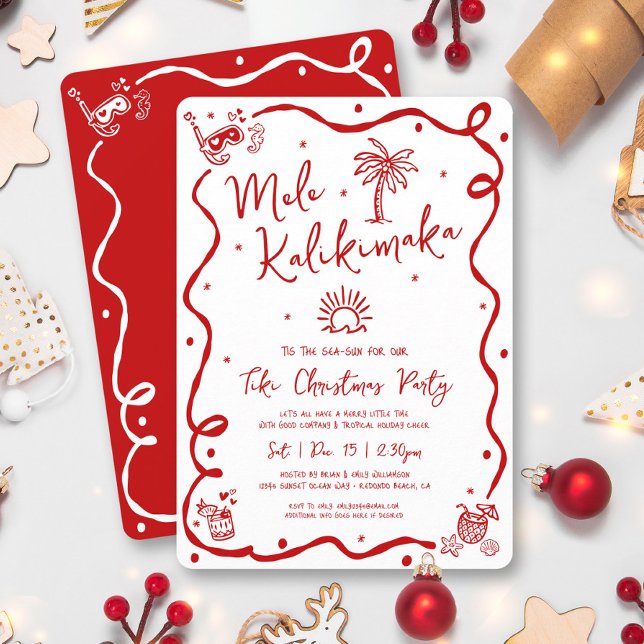 Mele Kalikimaka Red Hand Drawn Doodles Christmas Invitation (Creator Uploaded)