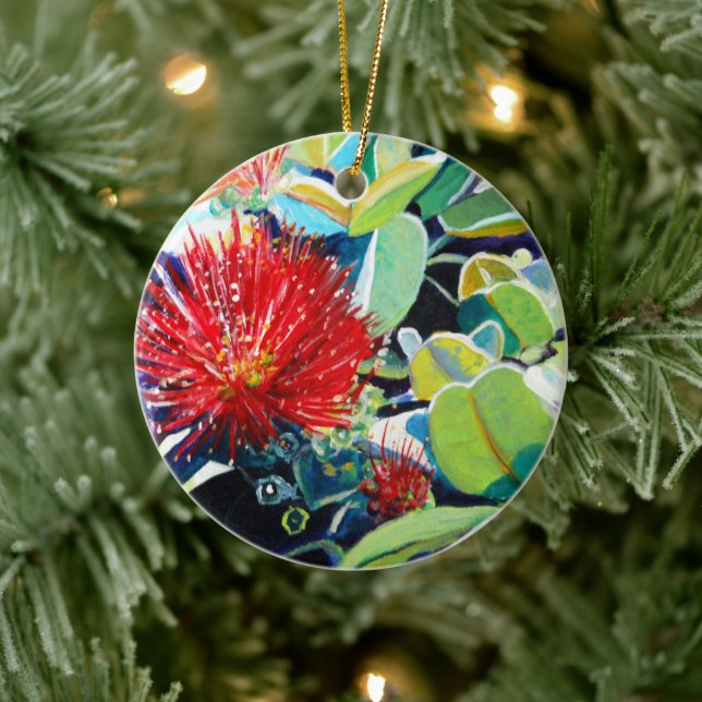 Mele Kalikimaka Red Ohia Lehua Ceramic Ornament (Tree)