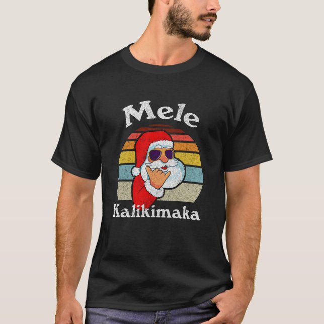 Mele Kalikimaka Retro Christmas Santa Shaka Hawaii T-Shirt (Front)