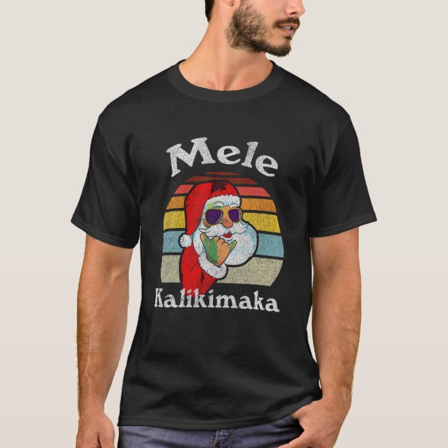 Mele Kalikimaka Retro Christmas Santa Shaka Hawaii T-Shirt (Front)