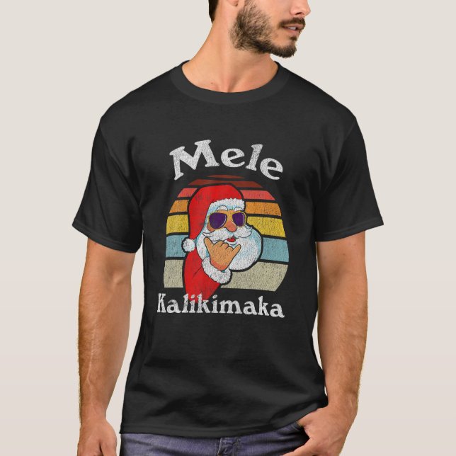 Mele Kalikimaka Retro Christmas Santa Shaka Hawaii T-Shirt (Front)