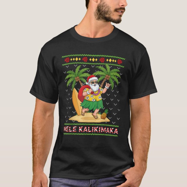 Mele Kalikimaka Retro Santa Shaka Hawaii Ugly Chri T-Shirt (Front)