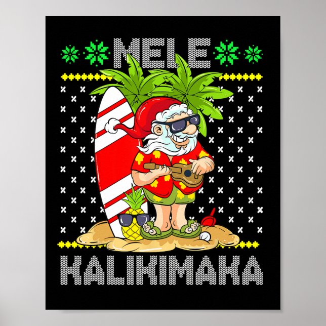 Mele Kalikimaka Santa Claus Surfer Guitar Hawaiian Poster (Front)