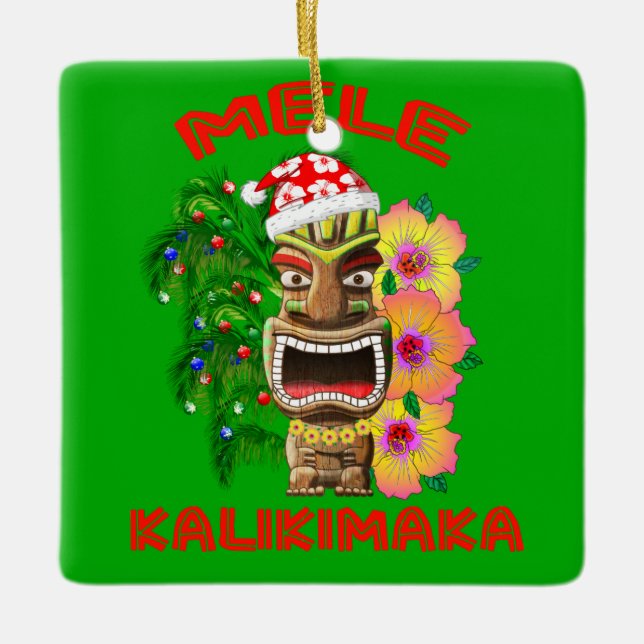 Mele Kalikimaka Santa Claus Tiki Ceramic Ornament (Front)