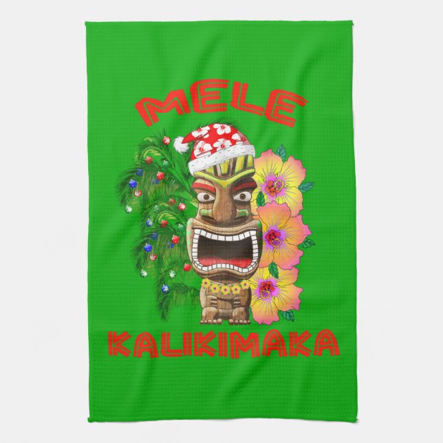 Mele Kalikimaka Santa Claus Tiki Tea Towel (Vertical)