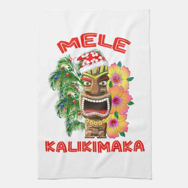 Mele Kalikimaka Santa Claus Tiki Tea Towel (Vertical)