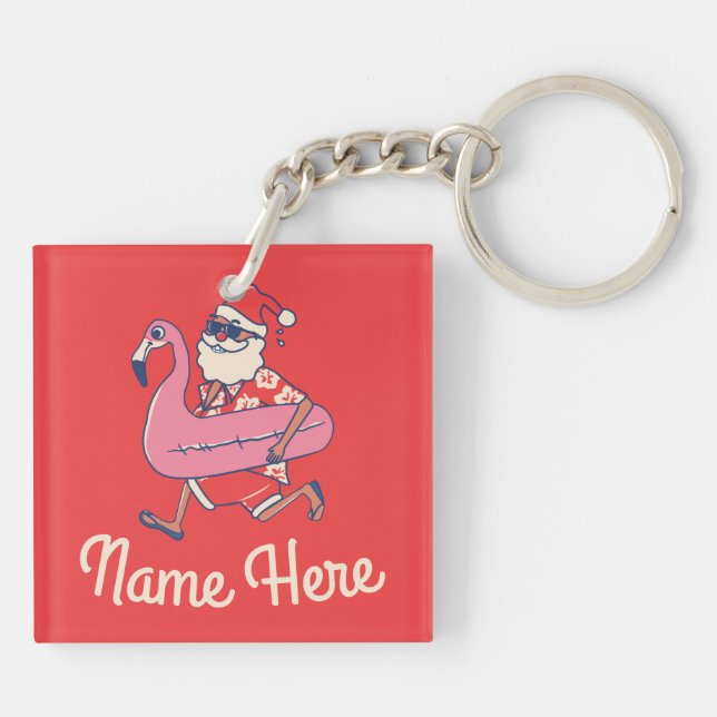 Mele Kalikimaka Santa Flamingo Christmas Getaway Key Ring (Back)