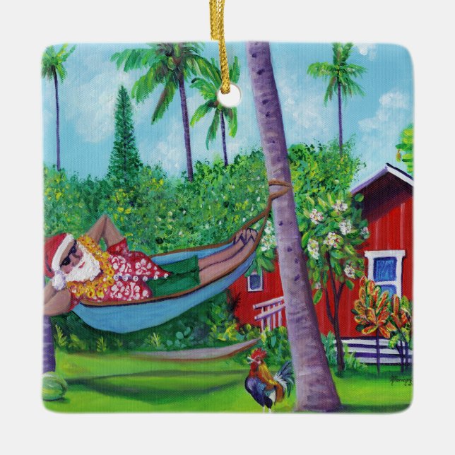 Mele Kalikimaka Santa on Vacation in Hawaii Ceramic Ornament (Front)