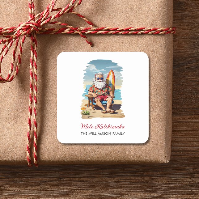 Mele Kalikimaka Santa Surfer Christmas Holiday Square Sticker (Add family name to personalize.  Matching items in the collection)