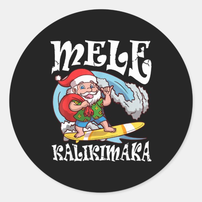 Mele Kalikimaka Santa Surfing Hawaii Christmas  Classic Round Sticker (Front)