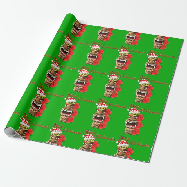 Mele Kalikimaka Santa Tiki Wrapping Paper (Unrolled)