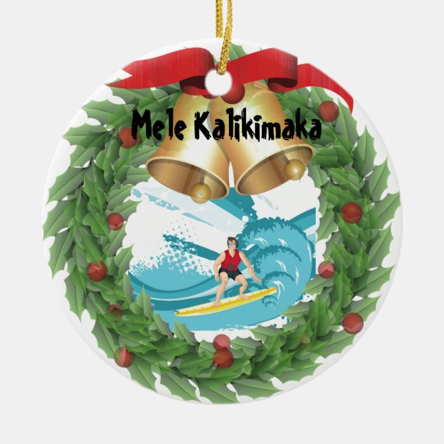 Mele Kalikimaka Surfer Ceramic Ornament (Front)