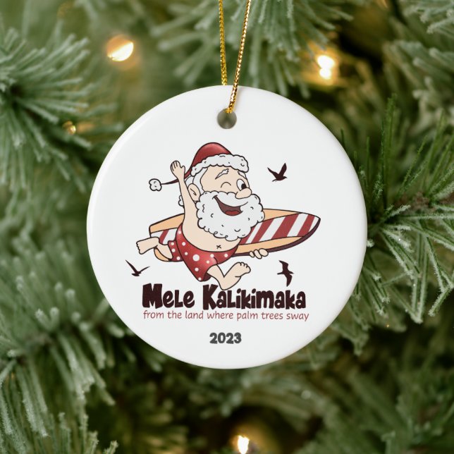Mele Kalikimaka Surfing Santa Hawaiian Ceramic Ornament (Tree)