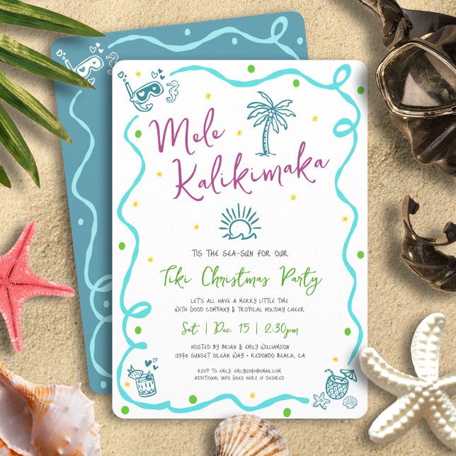 Mele Kalikimaka Teal Purple Green Doodle Christmas Invitation (Creator Uploaded)