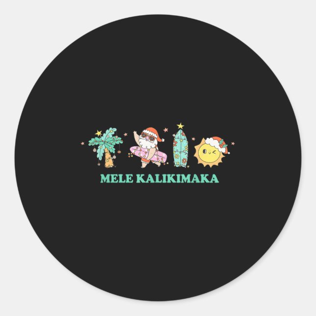 Mele Kalikimaka Trocal Palm Tree Santa Surfing Haw Classic Round Sticker (Front)