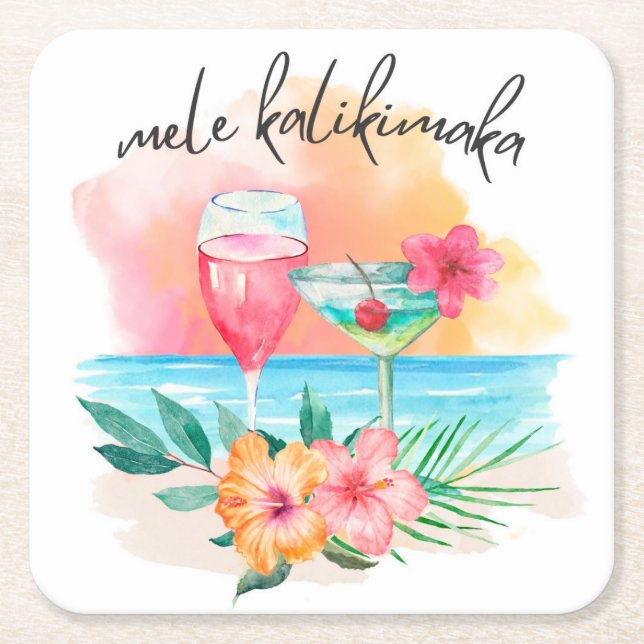 Mele Kalikimaka Tropical Beach Christmas Cocktail Square Paper Coaster (Front)