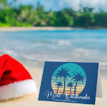 Mele Kalikimaka Tropical Beach Sunset Christmas Holiday Card<br><div class="desc">This cute Hawaiian Christmas card features a tropical beach sunset on a cool blue background with a drawing of coastal palm trees against a seaside sunset. Personalise with your name in white script under Mele Kalikimaka in cursive typography on this pretty non-photo family holiday card.</div>