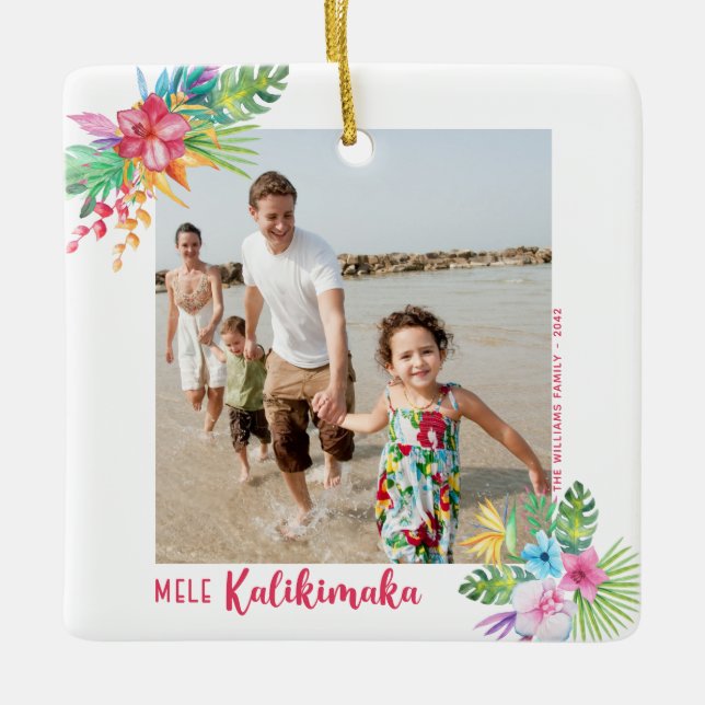 Mele Kalikimaka Tropical Flowers Photo Christmas Ceramic Ornament (Front)