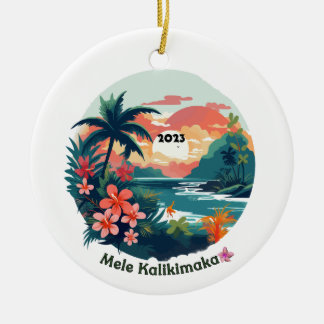 Mele Kalikimaka Tropical Island 2023 Label Ceramic Ornament