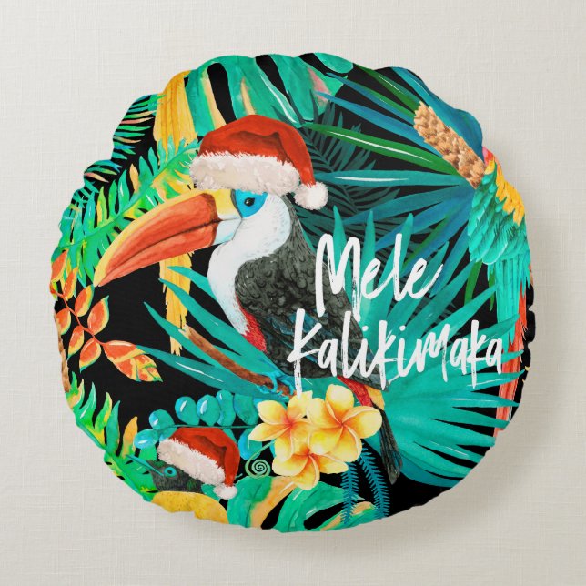 Mele Kalikimaka Tropical Jungle Birds Round Cushion (Front)