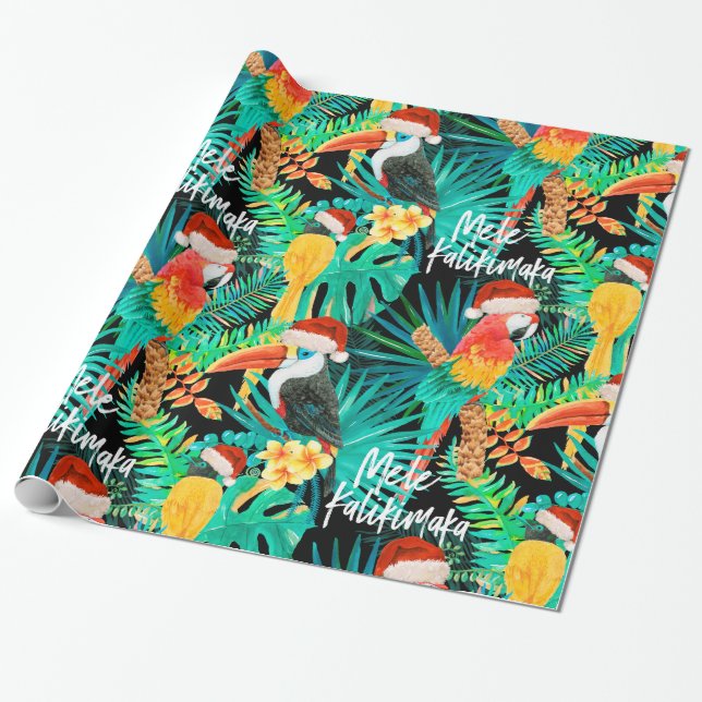 Mele Kalikimaka Tropical Jungle Birds Wrapping Paper (Unrolled)