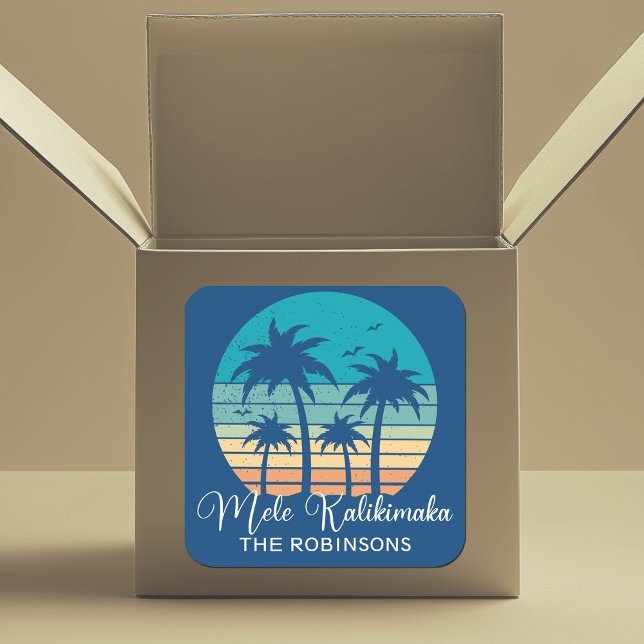 Mele Kalikimaka Tropical Sunset Christmas Party Square Sticker (Creator Uploaded)