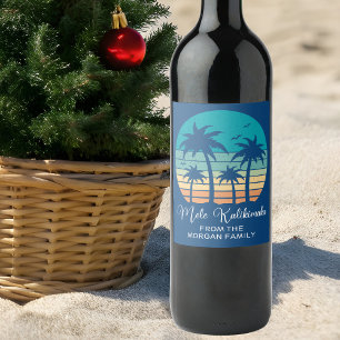 Mele Kalikimaka Tropical Sunset Christmas Party Wine Label