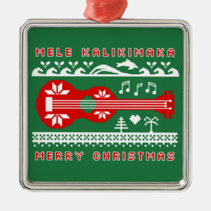 Mele Kalikimaka Ugly Sweater (Red on Green) Metal Ornament