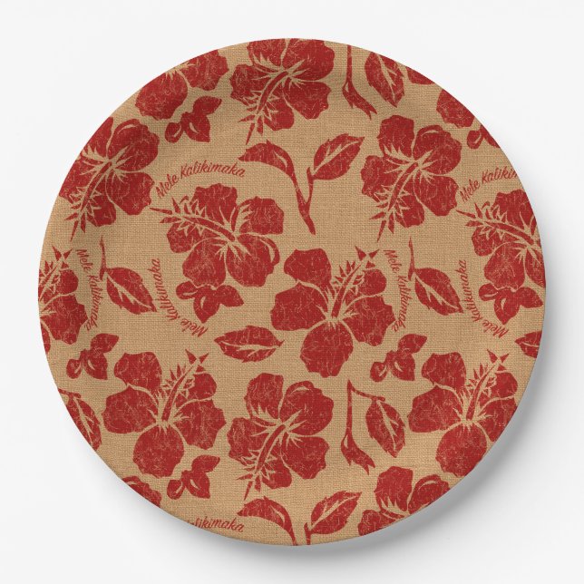 Mele Kalikimaka Vintage Pareau Hawaiian Hibiscus Paper Plate (Front)