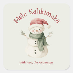 Mele Kalikimaka Watercolor Cute Snowman Custom Square Sticker
