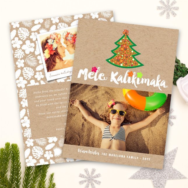 Mele Kalimaka Hibiscus Christmas Tree Kraft Photo Holiday Card (Creator Uploaded)