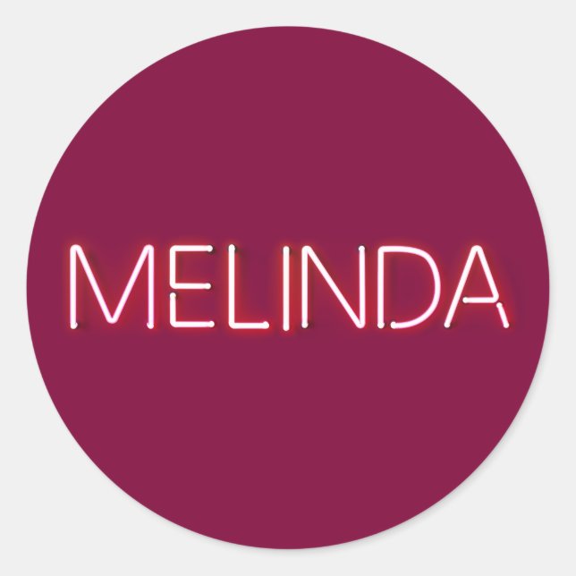Melinda name in glowing neon lights classic round sticker (Front)