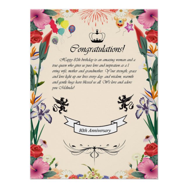 Melinda's 80th Birthday  Greeting Card Poster (Front)