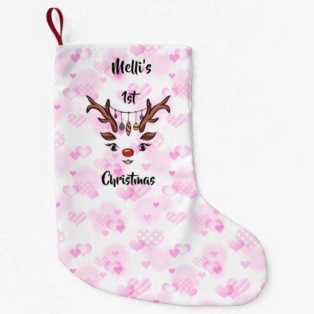 Melli's 1st Christmas heart pink custom stocking (Front)