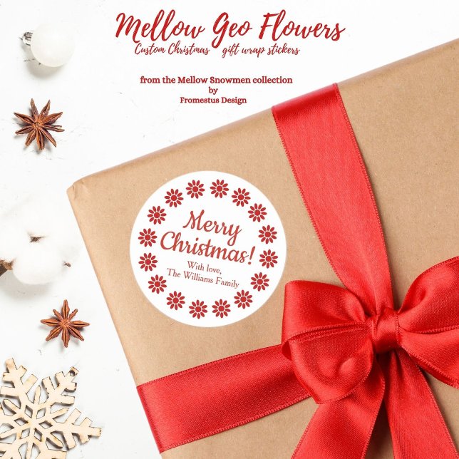 Mellow Geo Flowers - white red custom Christmas. Classic Round Sticker (Creator Uploaded)